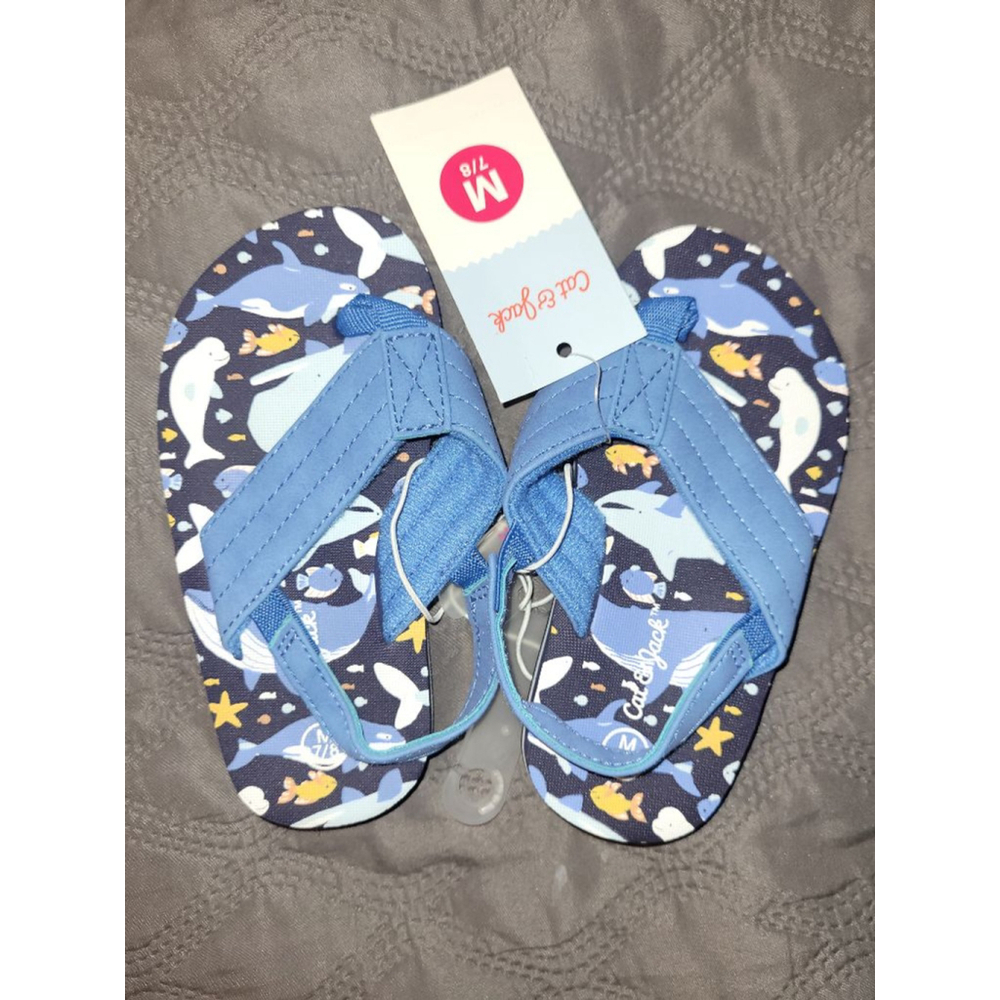 Boys Cat & Jack Blue White Whale Print Toddler Flip Flops 7.5